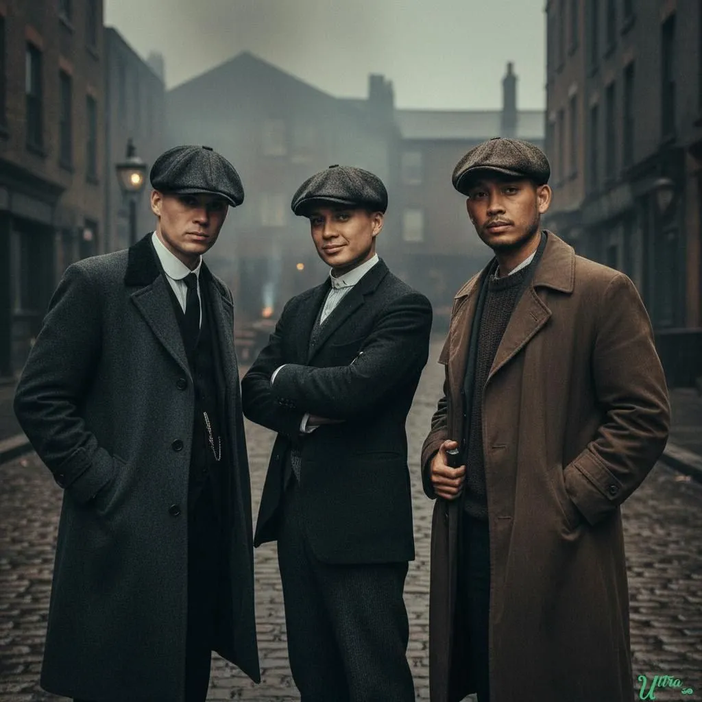 Three men reimagined in flat caps and long coats on a 1920s street