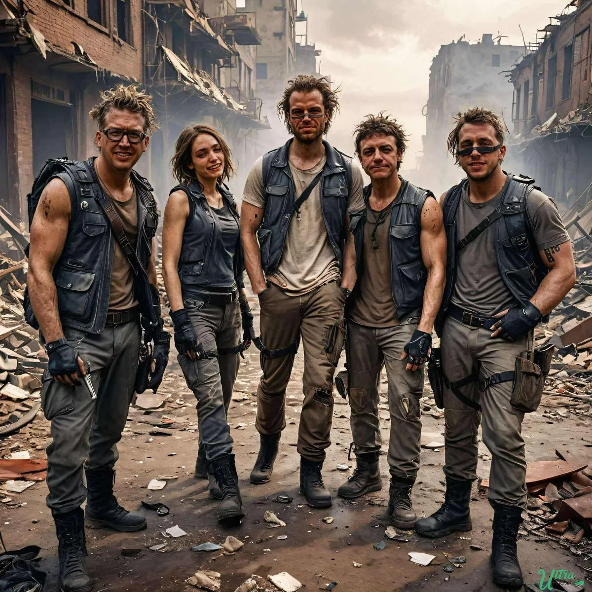 A group reimagined as adventurers standing in a ruined city