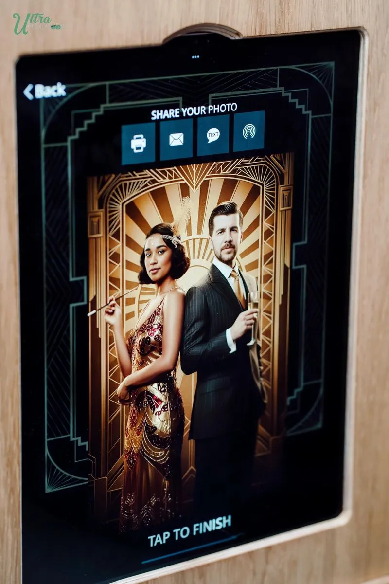 Booth touchscreen showing an art-deco AI portrait and digital sharing options