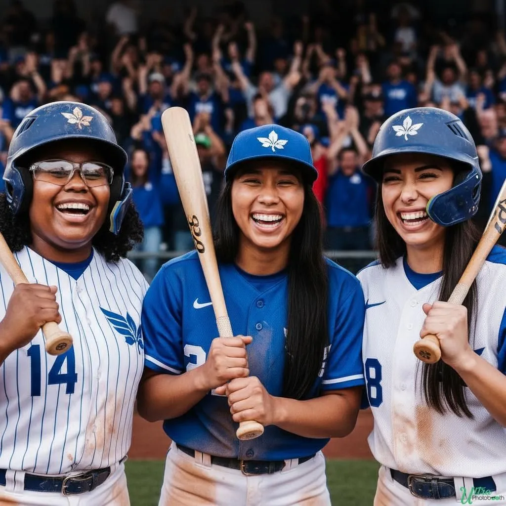 Three guests reimagined as baseball players holding bats in a stadium