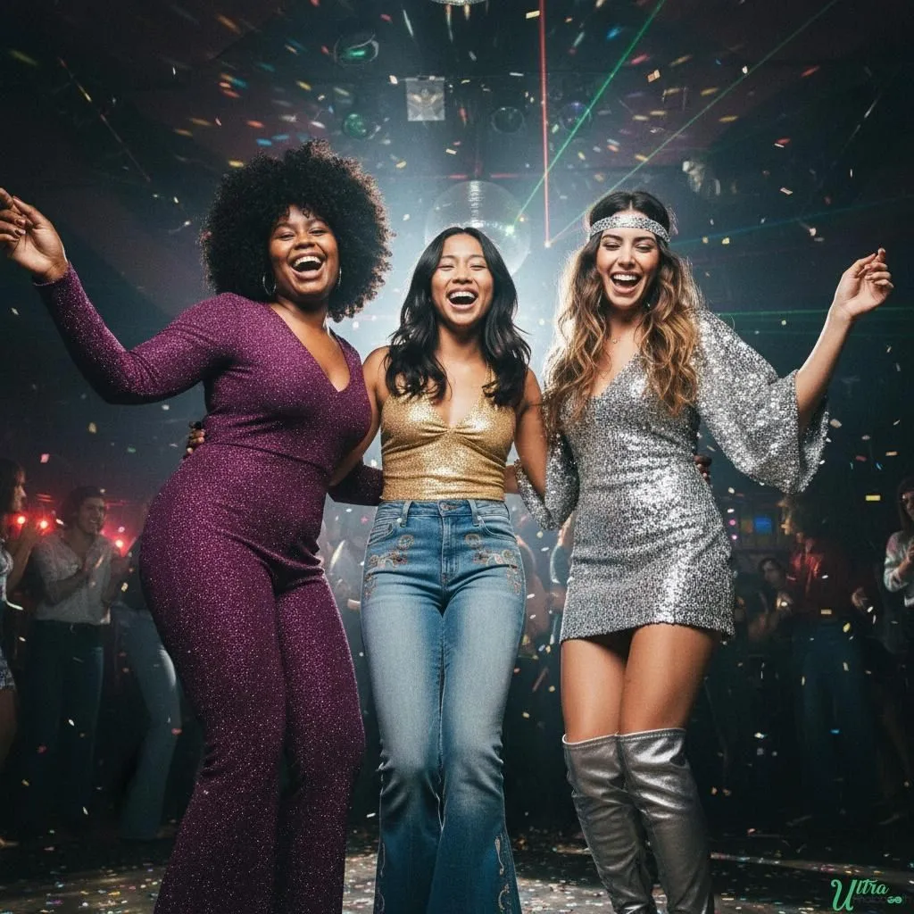 Three women in an AI party scene with confetti and colorful stage lights