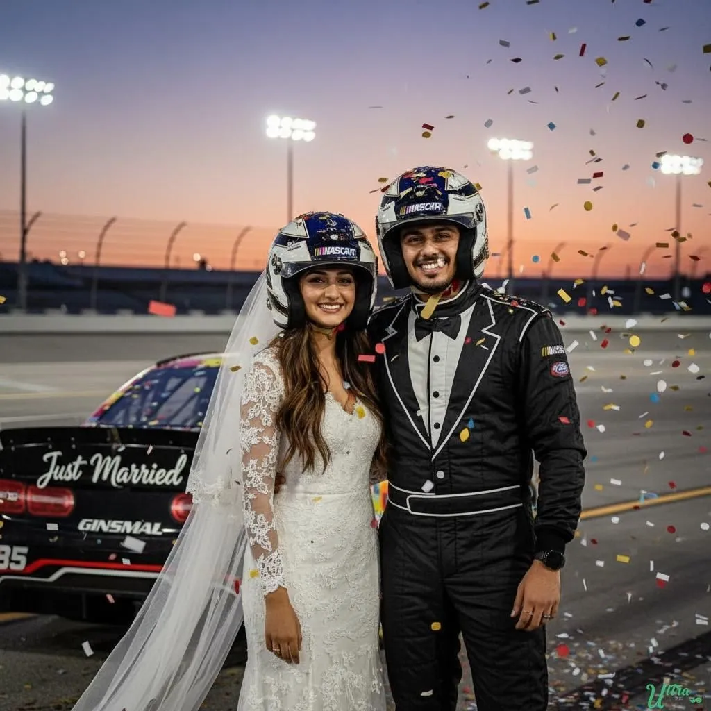 A couple reimagined as race-car drivers beside a Just Married car