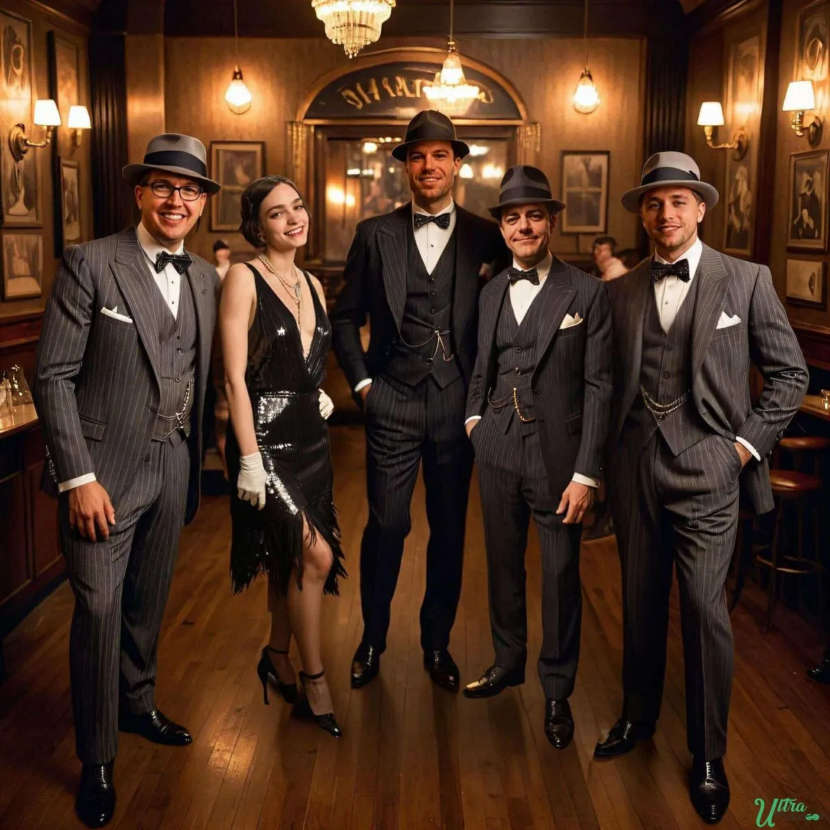 A group in period suits and hats in an AI speakeasy scene