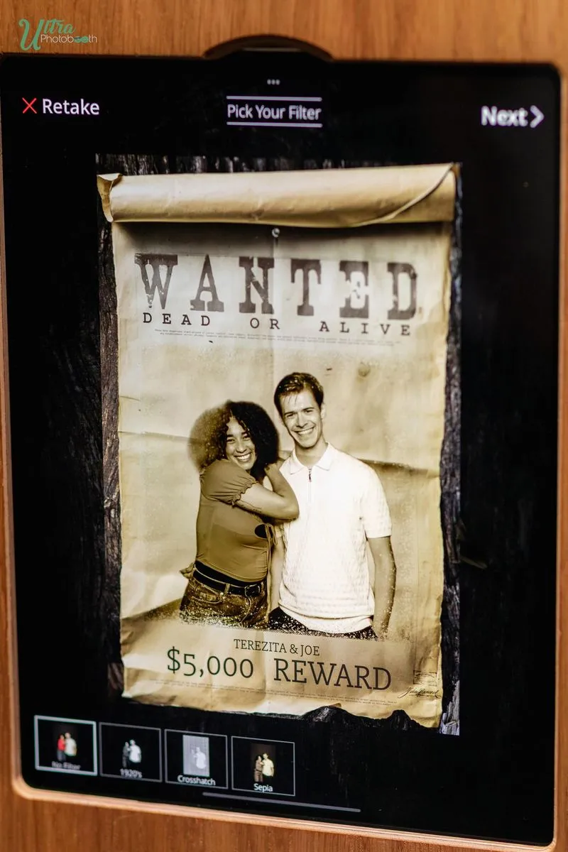 Booth touchscreen displaying a western Wanted style in the filter picker