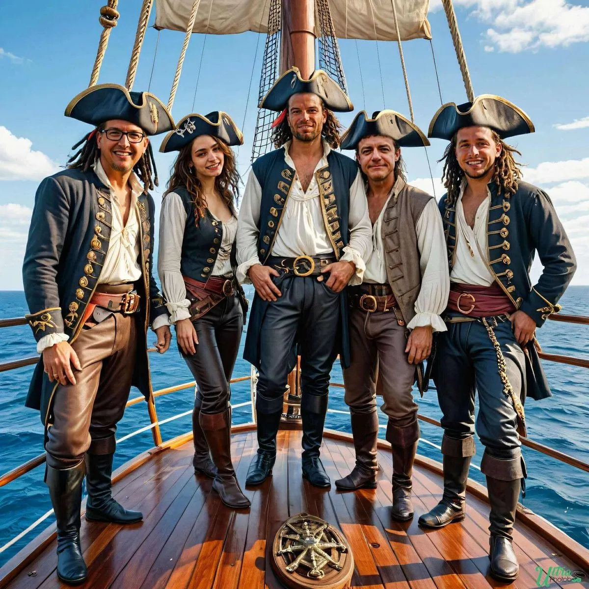 A group reimagined as a pirate crew on the wooden deck of a sailing ship