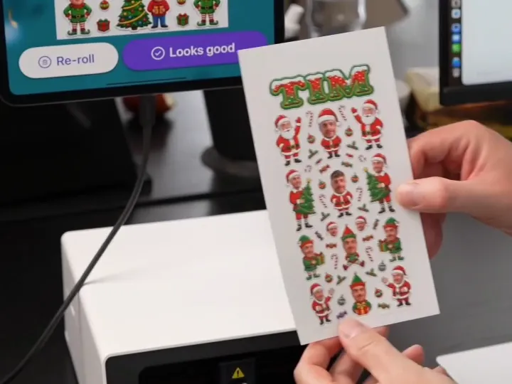 A personalized holiday sticker sheet held beside its on-screen design